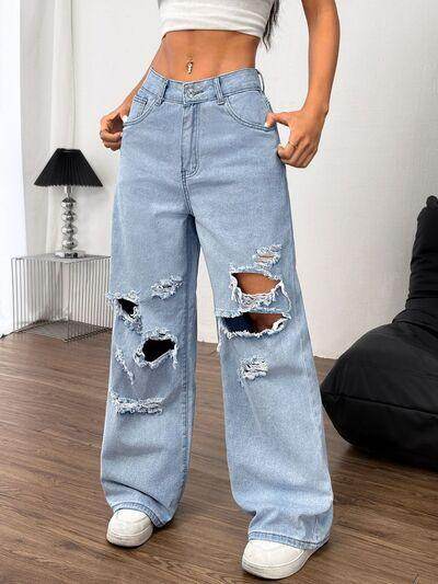Distressed Wide Leg Jeans with Pockets for Women - Selvanelle