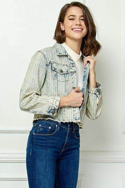 Veveret Multi Color Stripe Rhinestone Raw Hem Denim Jacket - Selvanelle