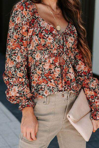Peplum Tied Flora Long Sleeve Blouse for Women Stylish - Selvanelle