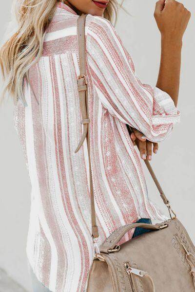Striped Collared Neck Long Sleeve Shirt for Women Fashion - Selvanelle