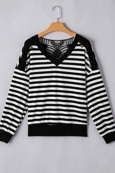 Striped Lace Detail V Neck Top for Stylish Comfort - Selvanelle