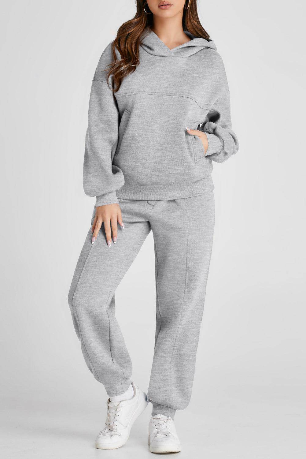 Dropped Shoulder Long Sleeve Hoodie and Pants Active Set - Selvanelle