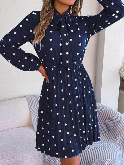 Polka Dot Tie Neck Pleated Dress for Stylish Occasions - Selvanelle