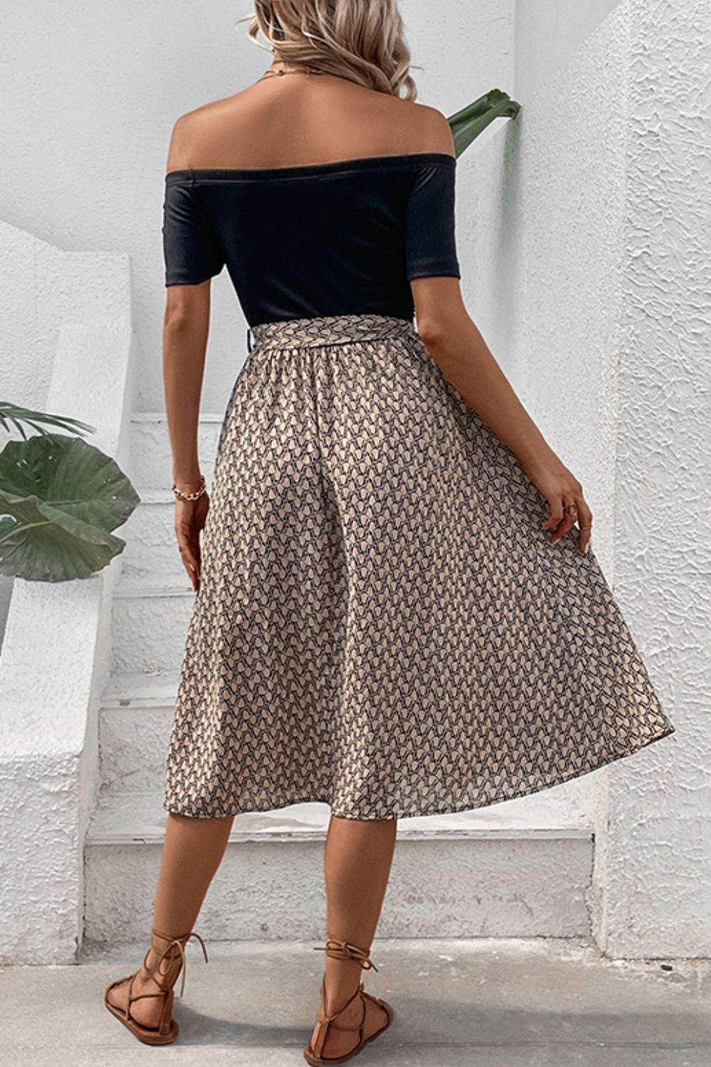 Perfee Printed Tie Belt Off-Shoulder Dress for Women - Selvanelle