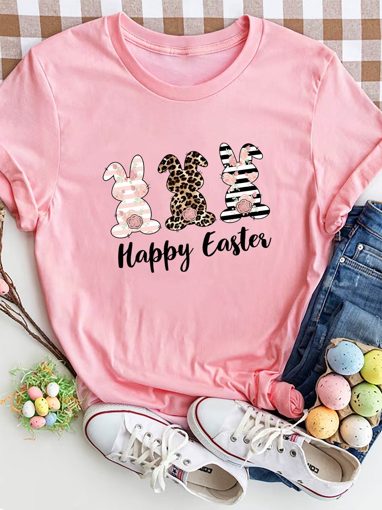 HAPPY EASTER Round Neck Short Sleeve T-Shirt - Selvanelle