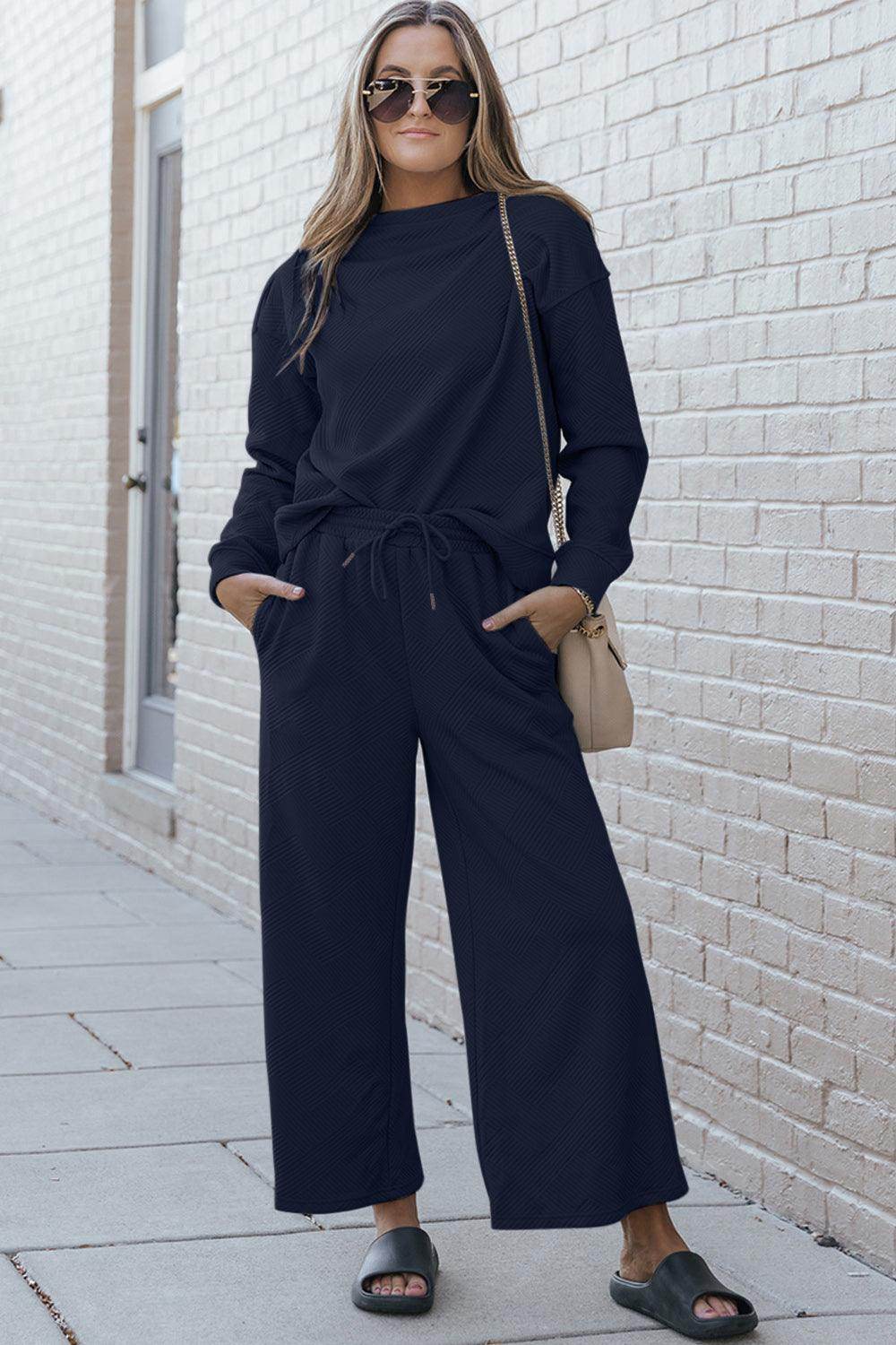 Double Take Full Size Textured Long Sleeve Top and Drawstring Pants Set for Women - Selvanelle