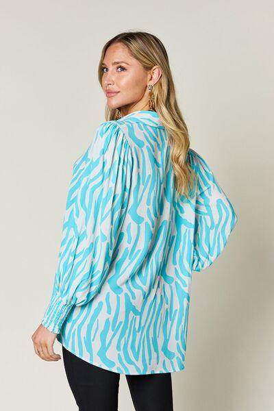 Double Take Full Size Printed Smocked Long Sleeve Blouse - Selvanelle