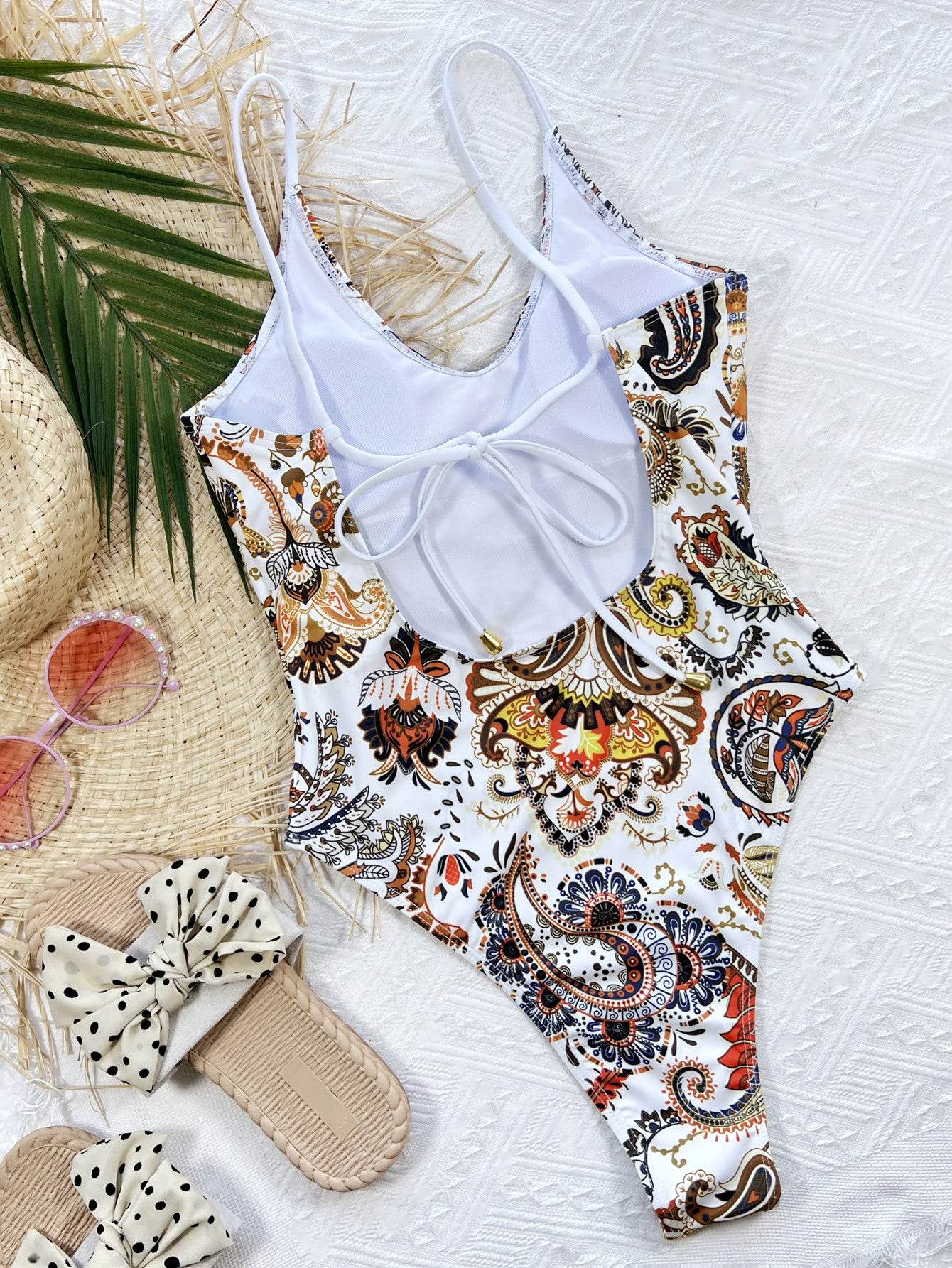 Printed Tie Back Scoop Neck One-Piece Swimsuit - Selvanelle
