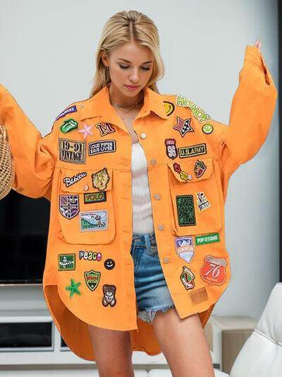 Embroidered Patch Button Up Long Sleeve Denim Jacket for Women - Selvanelle