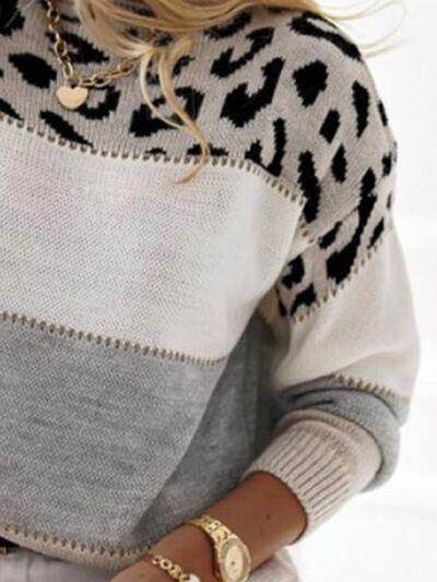Leopard Color Block Round Neck Long Sleeve Sweater for Women - Selvanelle
