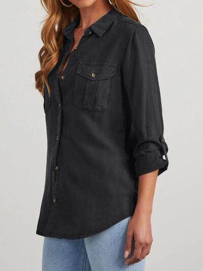 Collared Neck Roll-Tab Sleeve Denim Top for Women - Selvanelle