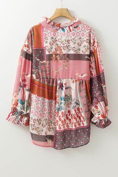 Patchwork Printed Notched Flounce Sleeve Shirt for Women - Selvanelle