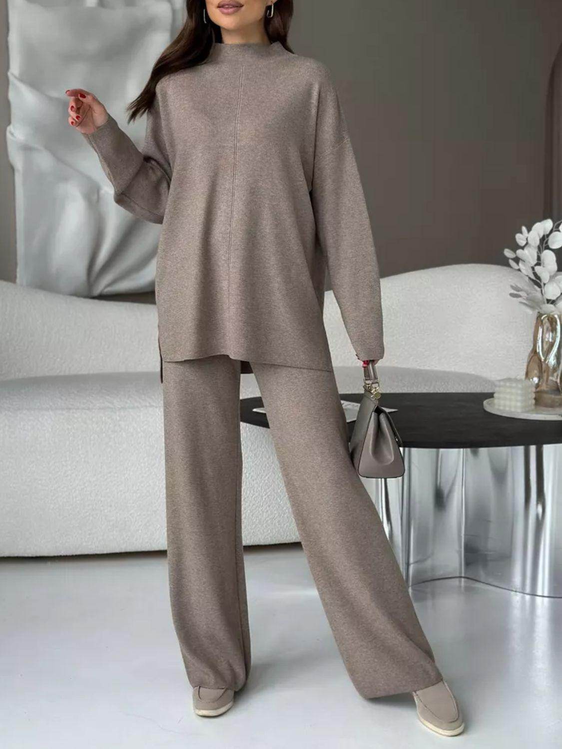 Slit Mock Neck Top and Pants Sweater Set for Women - Selvanelle