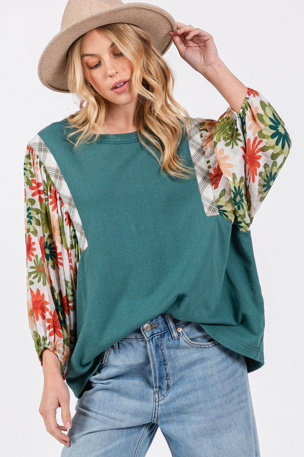 SAGE + FIG Full Size Printed Balloon Sleeve Contrast Top - Selvanelle