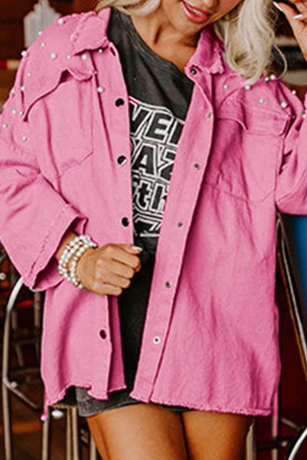 Raw Hem Pearl Trim Dropped Shoulder Denim Jacket for Women - Selvanelle