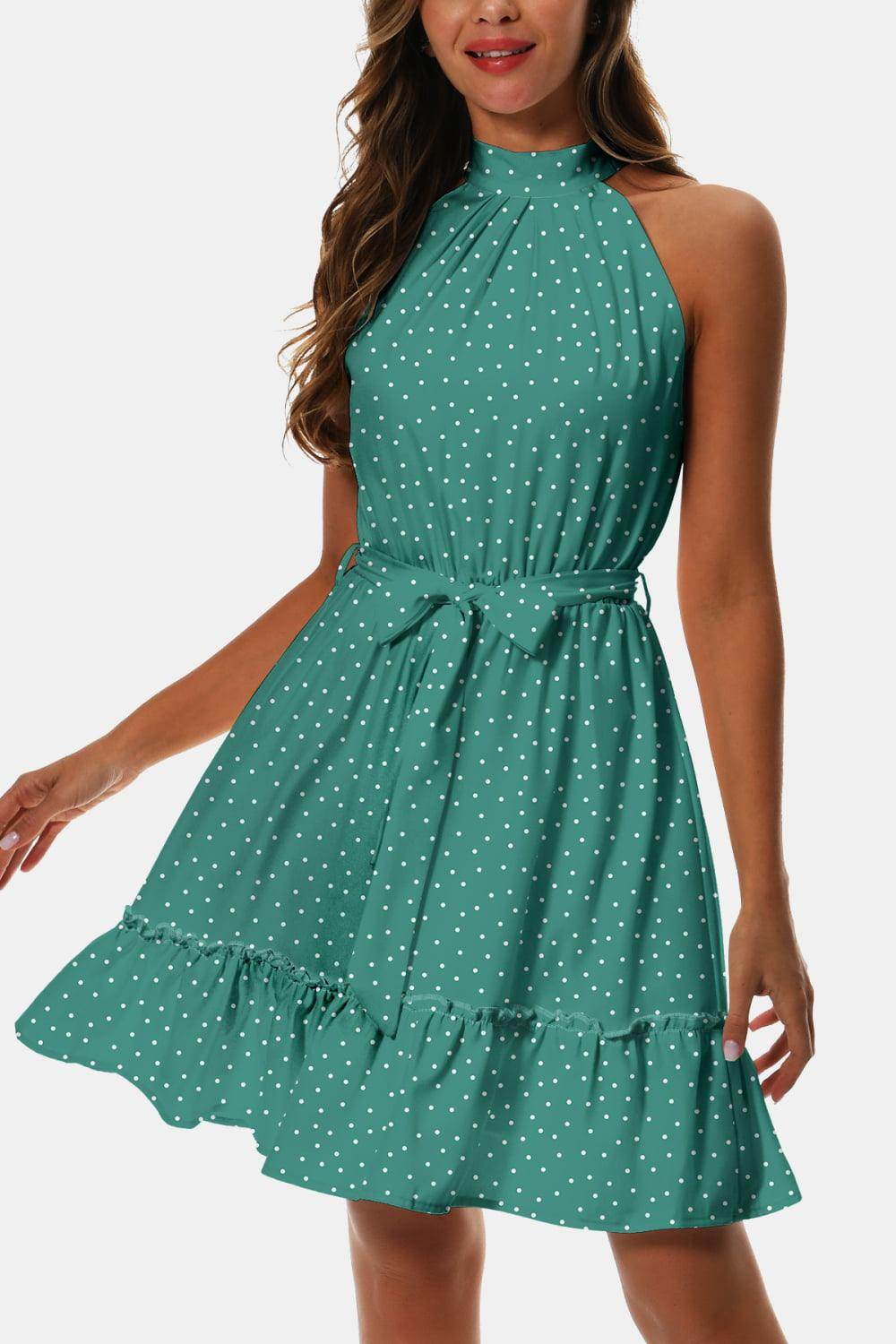 Printed Tie Waist Frill Trim Dress for Chic Summer Style - Selvanelle