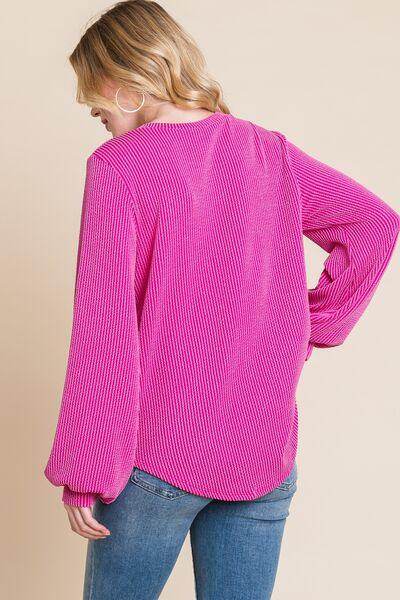 BOMBOM Long Sleeve Curved Hem Ribbed T-Shirt for Women - Selvanelle