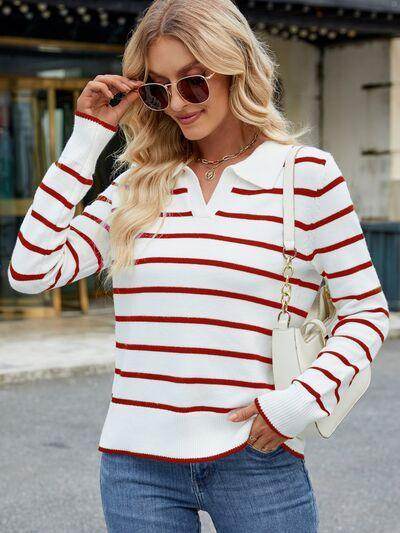 Striped Johnny Collar Long Sleeve Sweater for Women - Selvanelle