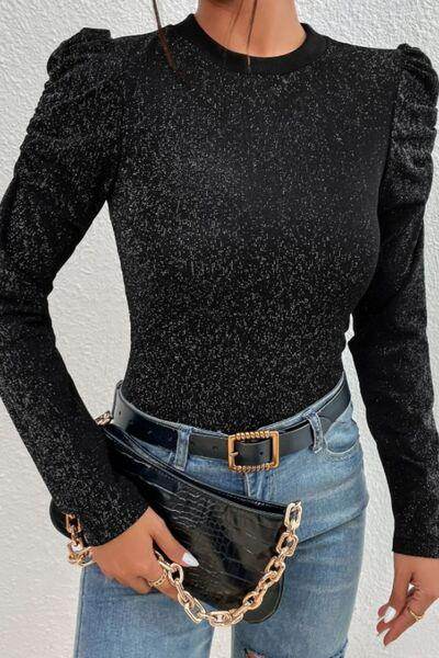 Metallic Round Neck Puff Sleeve Blouse for Stylish Elegance - Selvanelle