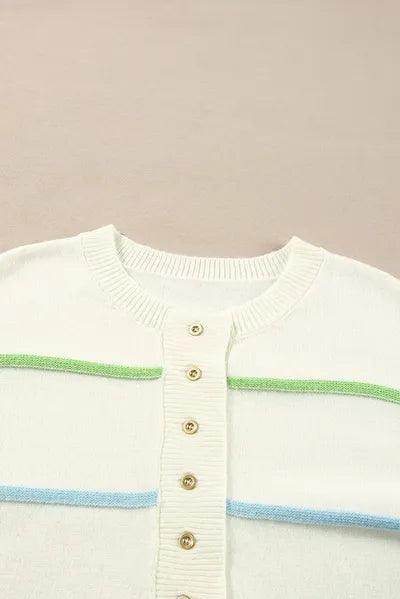Contrast Striped Half Button Round Neck Sweater for Women - Selvanelle
