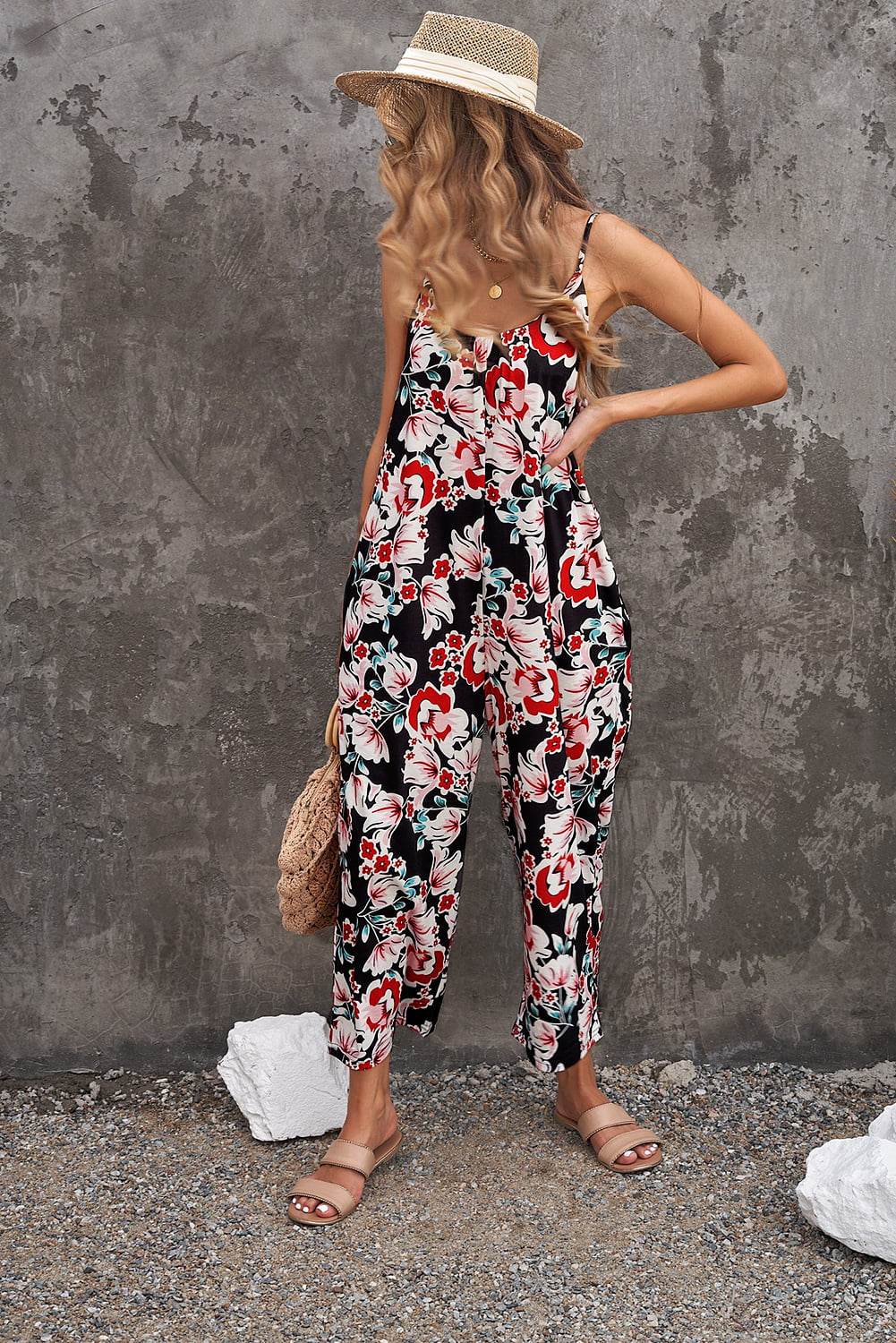 Botanical Print Spaghetti Strap Cropped Jumpsuit - Selvanelle