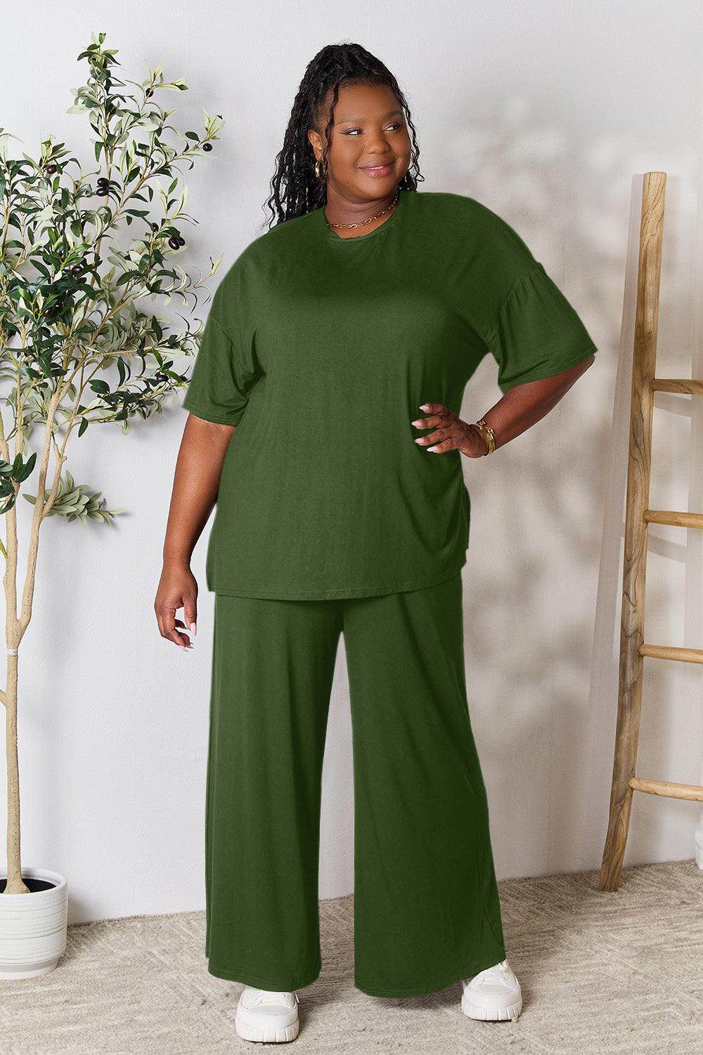Double Take Full Size Round Neck Slit Top and Pants Set - Selvanelle