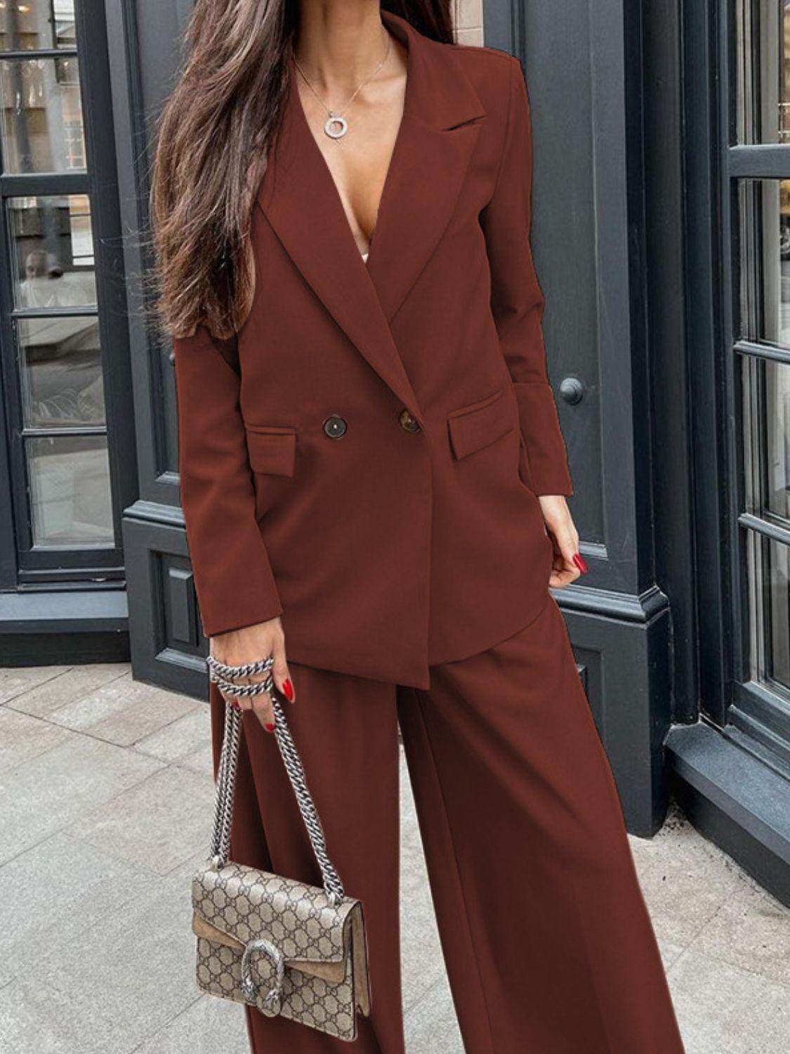 Buttoned Lapel Collar Long Sleeve Blazer and Pants Set for Women - Selvanelle