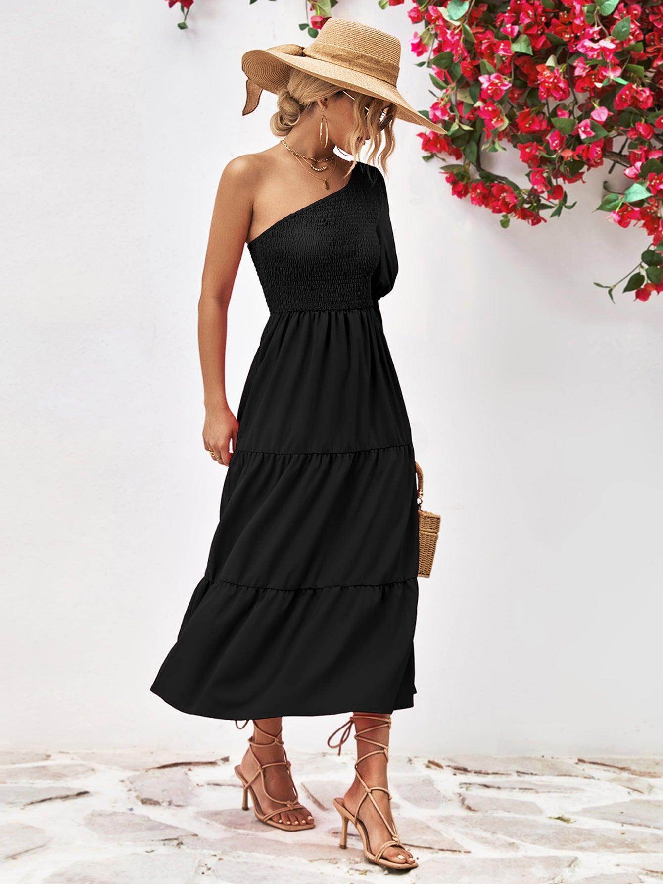Chic Smocked One-Shoulder Midi Dress for Elegant Style - Selvanelle