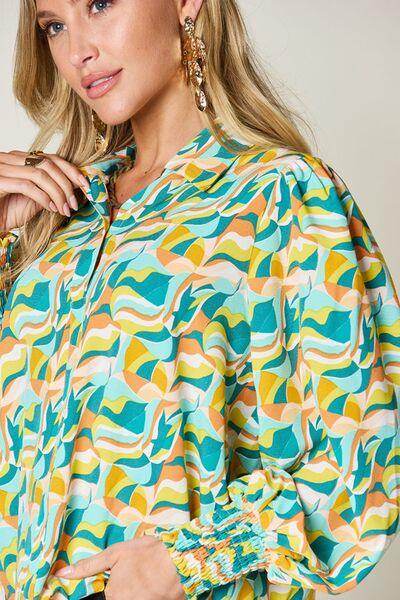 Double Take Full Size Printed Smocked Long Sleeve Blouse - Selvanelle