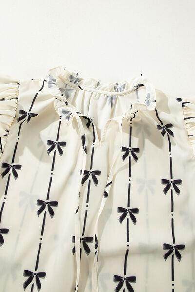 Bow Print Tie Neck Short Sleeve Blouse for Women - Selvanelle