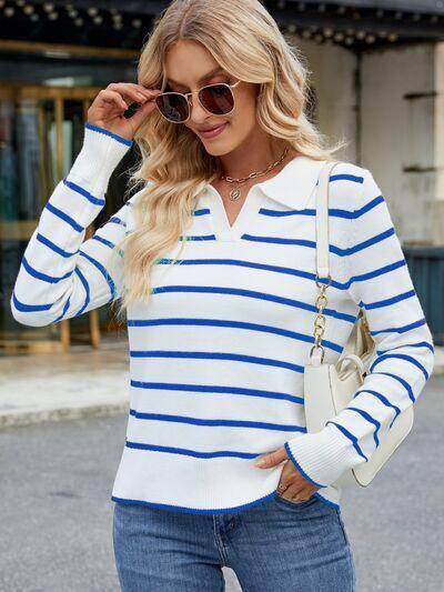 Striped Johnny Collar Long Sleeve Sweater for Women - Selvanelle
