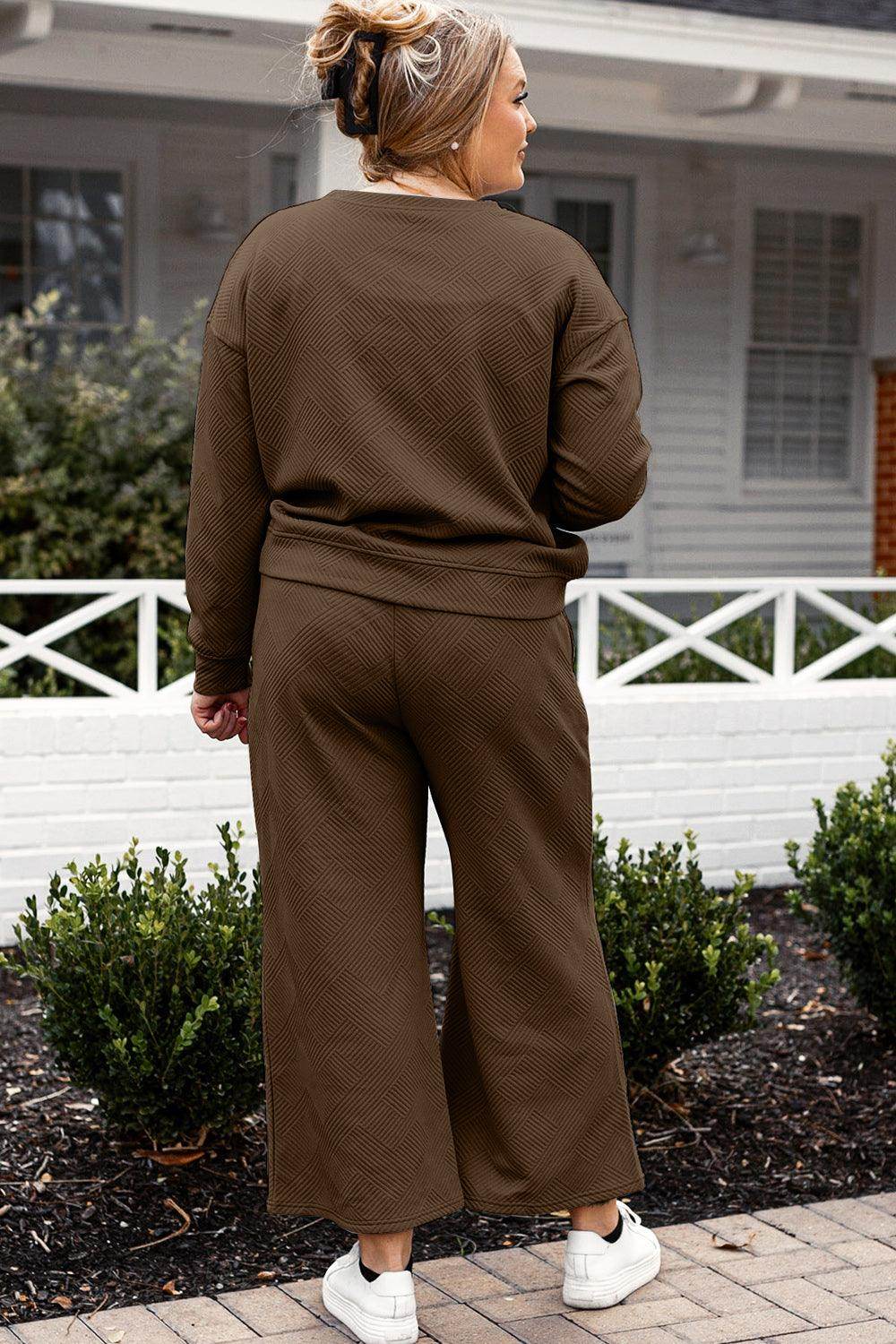 Double Take Full Size Textured Long Sleeve Top and Drawstring Pants Set for Women - Selvanelle