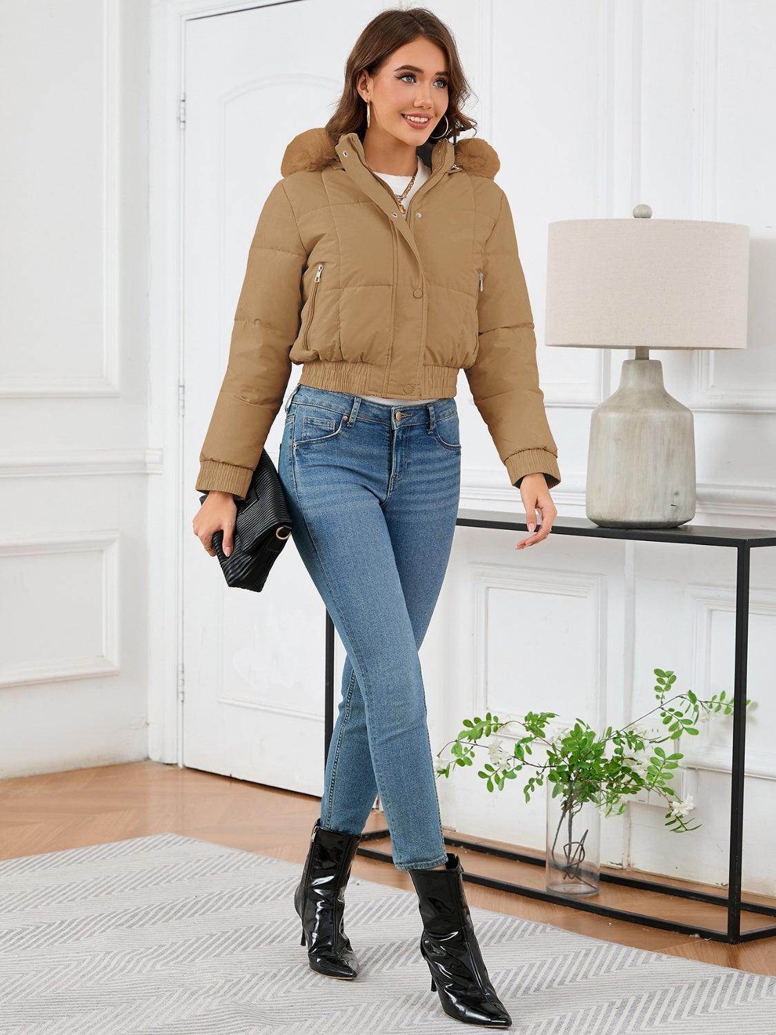 Pocketed Long Sleeve Cropped Hooded Winter Coat for Women - Selvanelle
