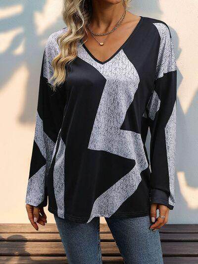 Perfee Color Block V-Neck Long Sleeve T-Shirt for Women - Selvanelle