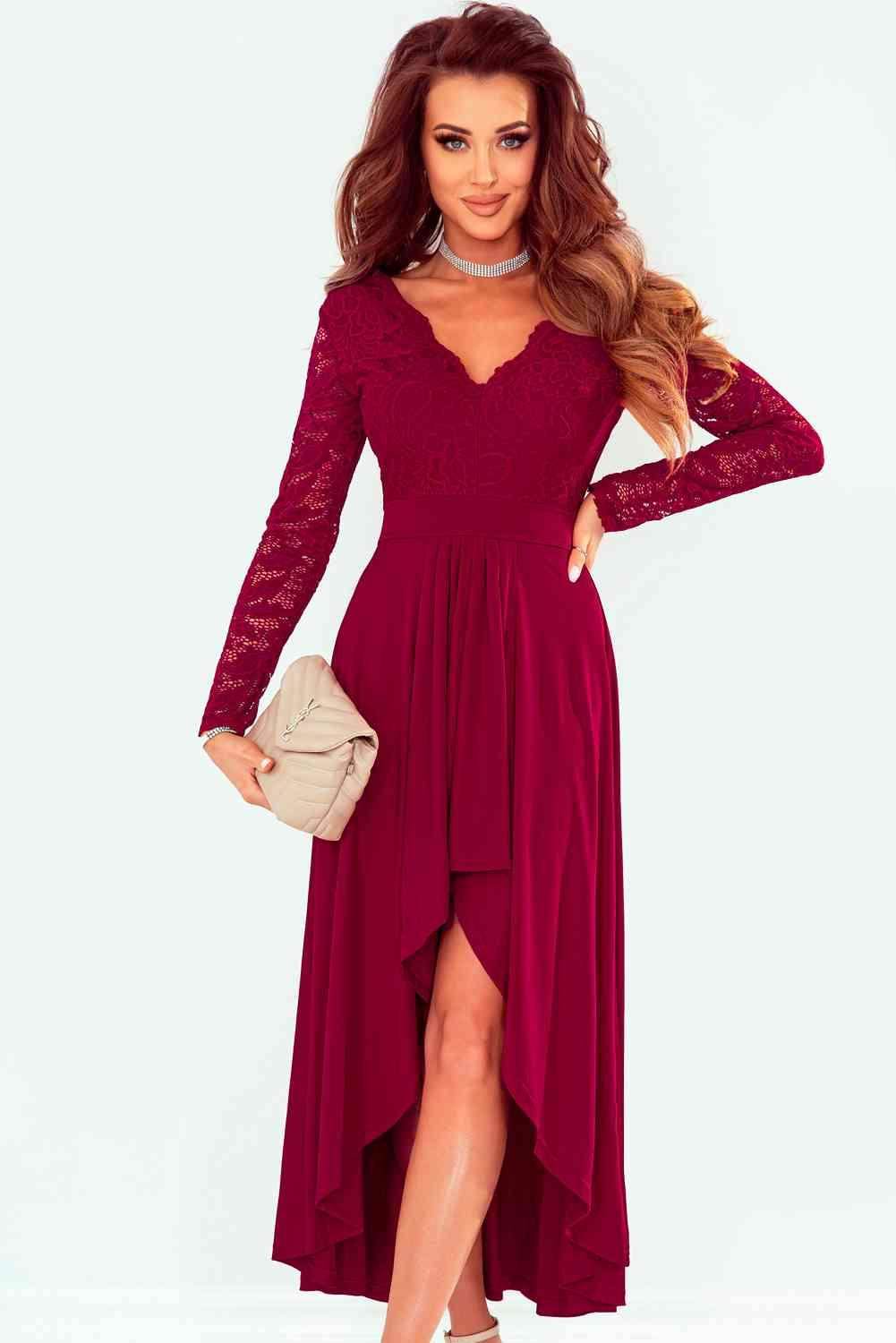 Lace High-Low V-Neck Dress for Elegant Evening Wear - Selvanelle