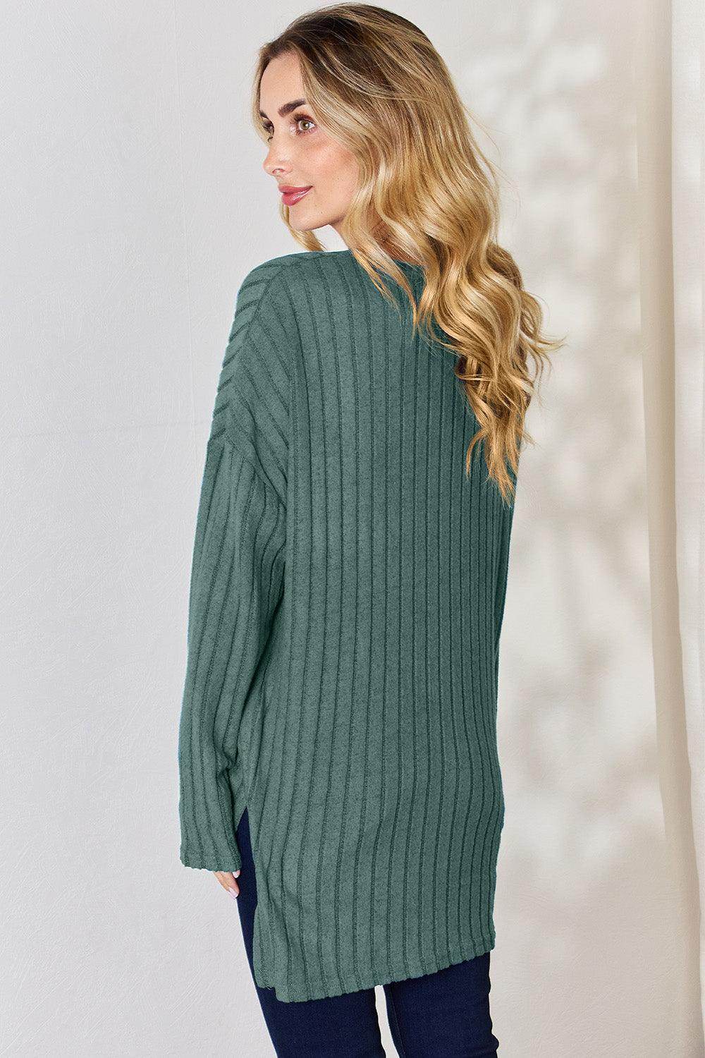 Basic Bae Full Size Ribbed Half Button Long Sleeve T-Shirt - Selvanelle