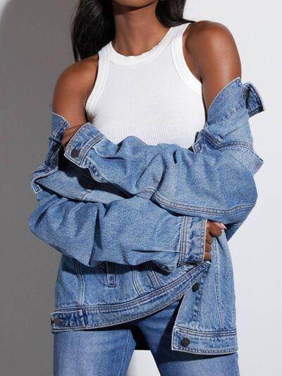 Button Up Collared Neck Denim Jacket for Women Fashion - Selvanelle