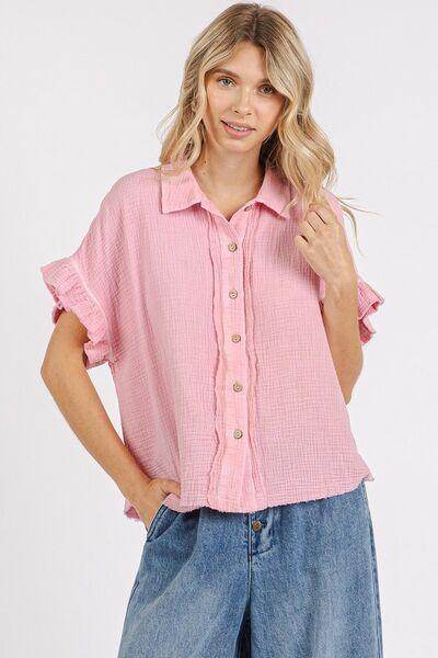 Mittoshop Mineral Washed Button Down Flounce Sleeve Shirt - Selvanelle