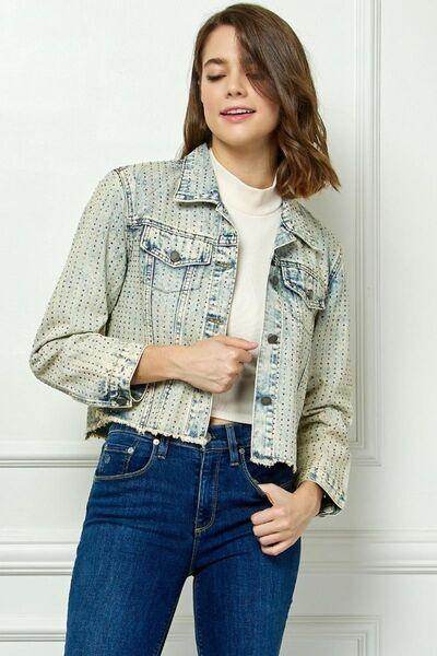 Veveret Multi Color Stripe Rhinestone Raw Hem Denim Jacket - Selvanelle