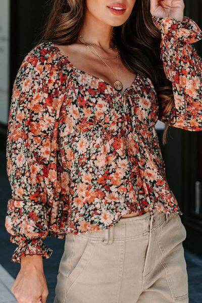 Peplum Tied Flora Long Sleeve Blouse for Women Stylish - Selvanelle
