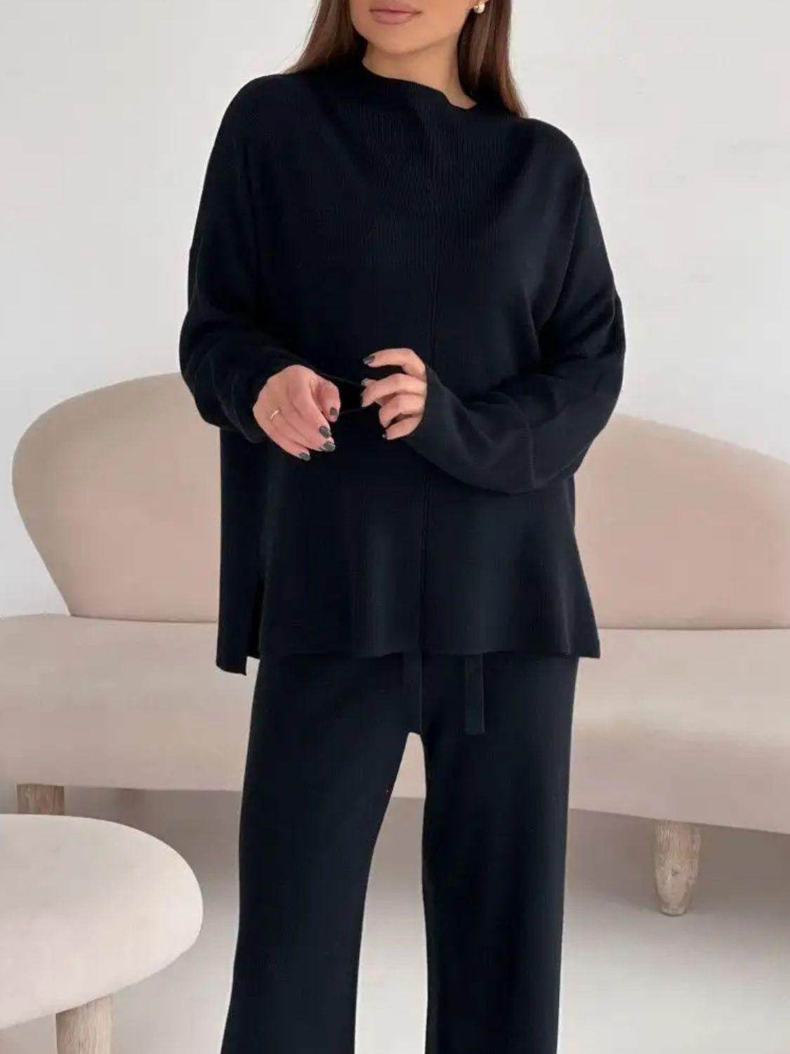 Slit Mock Neck Top and Pants Sweater Set for Women - Selvanelle