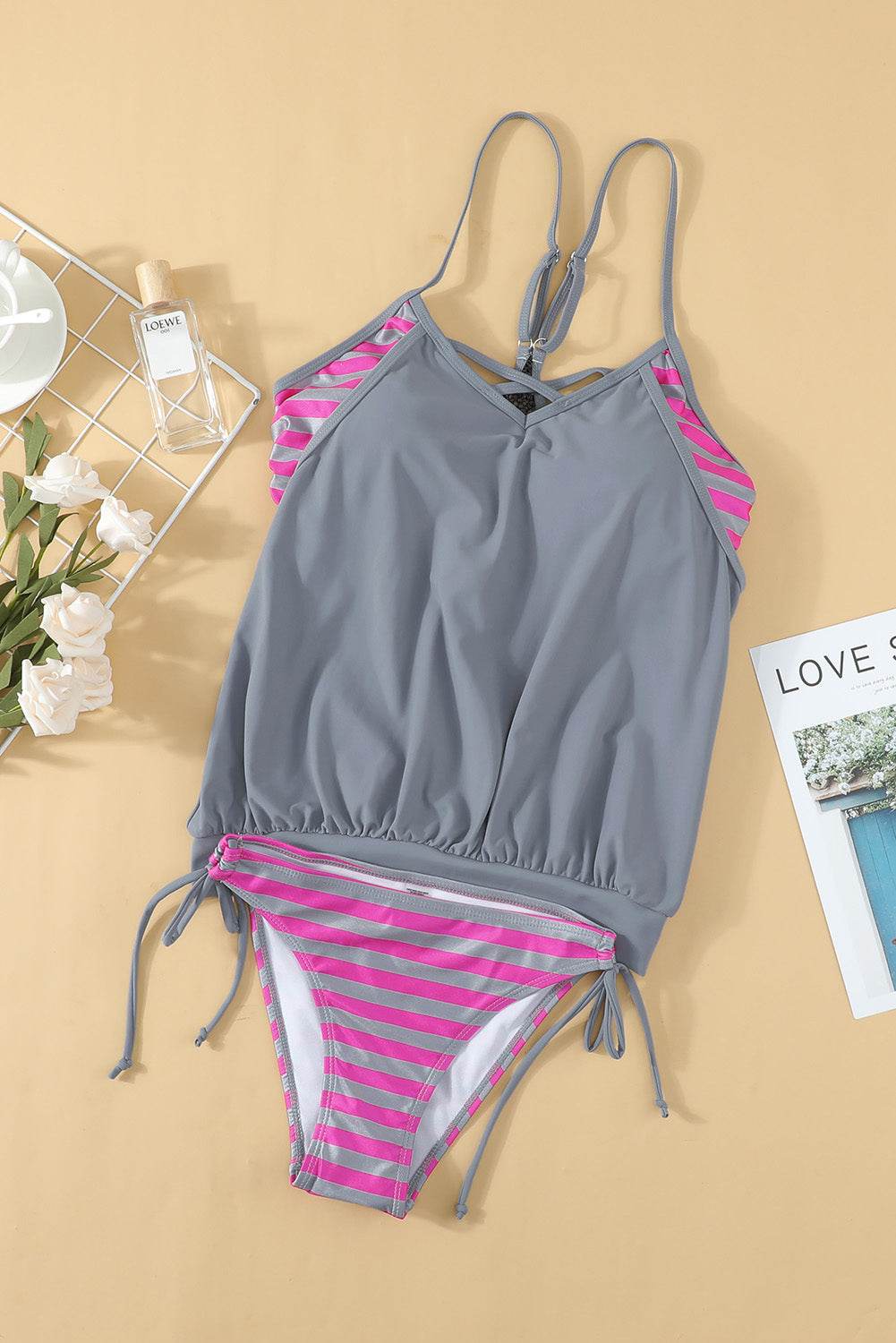 Crisscross Striped Spaghetti Strap Tankini Set - Selvanelle
