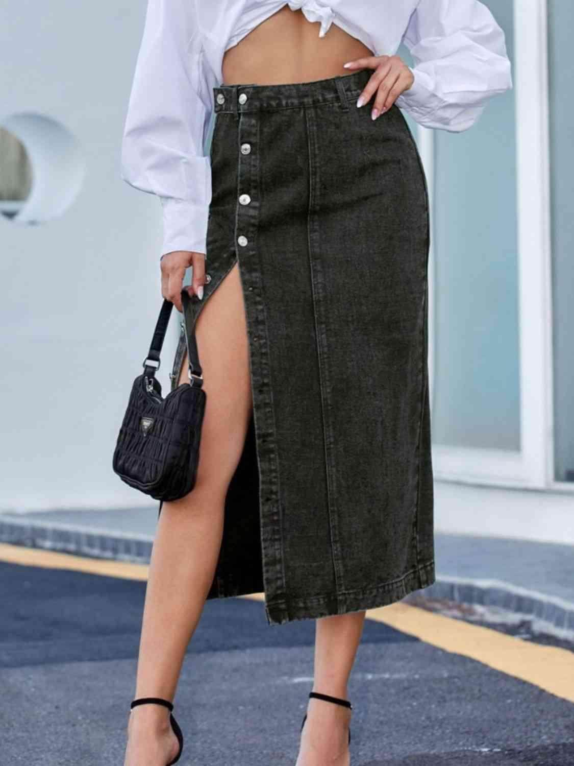 Button Down Denim Skirt for Women in Various Sizes - Selvanelle
