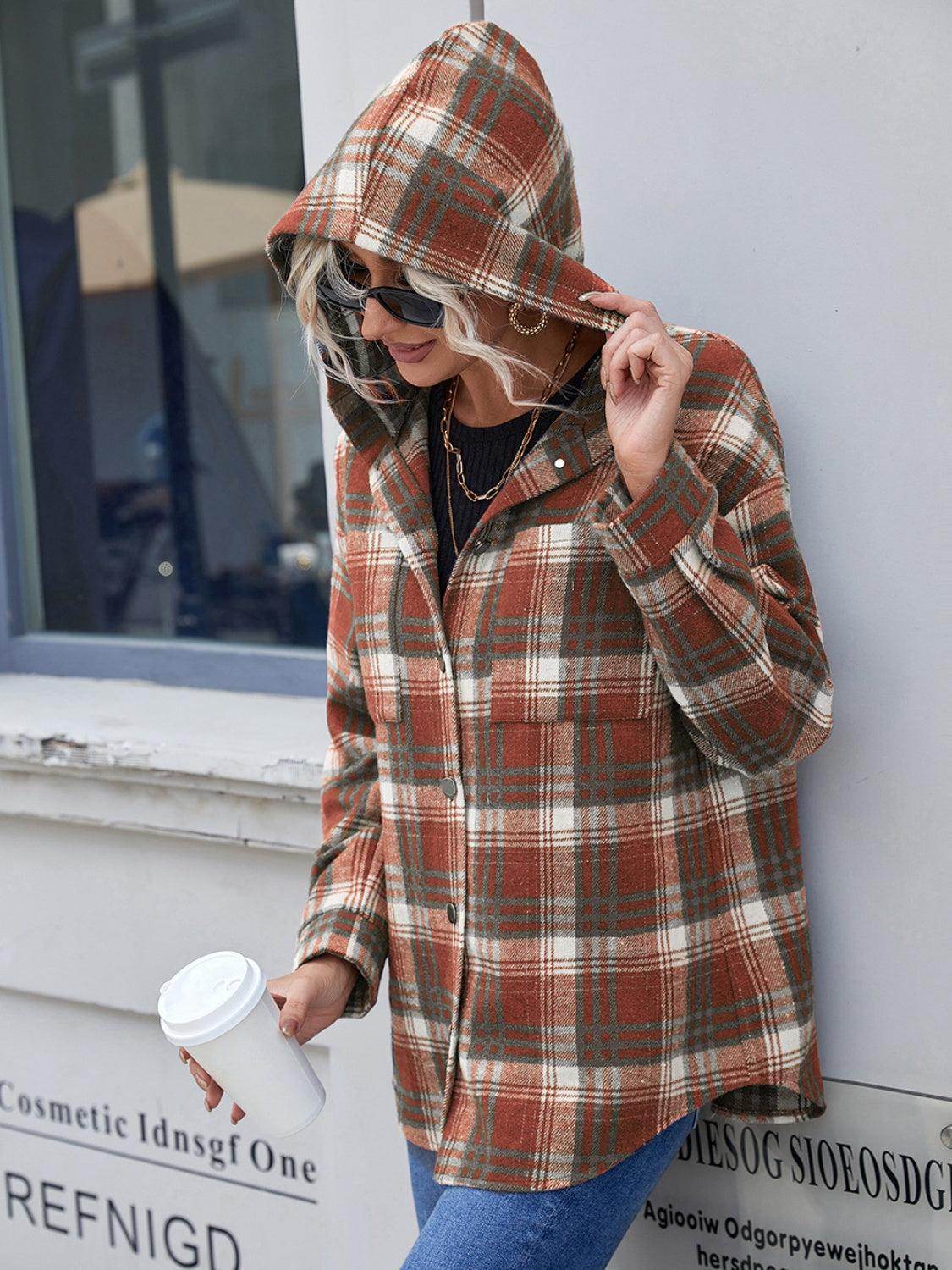 Ivy Lane Plaid Button Up Long Sleeve Hooded Jacket for Women - Selvanelle