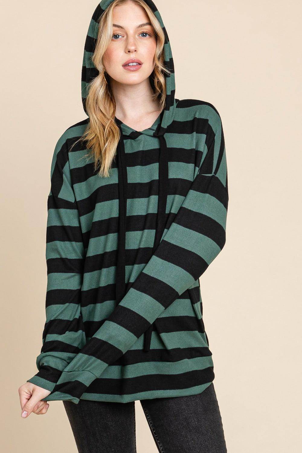 BOMBOM Drawstring Striped Dropped Shoulder Hoodie for Women - Selvanelle