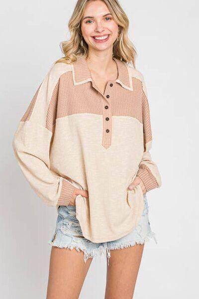 Waffle-Knit Color Block Half Button Long Sleeve Top for Women - Selvanelle