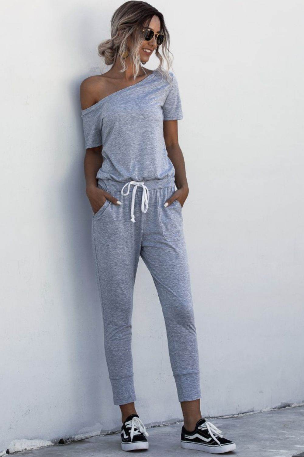 Asymmetrical Neck Tied Jumpsuit with Pockets - Selvanelle