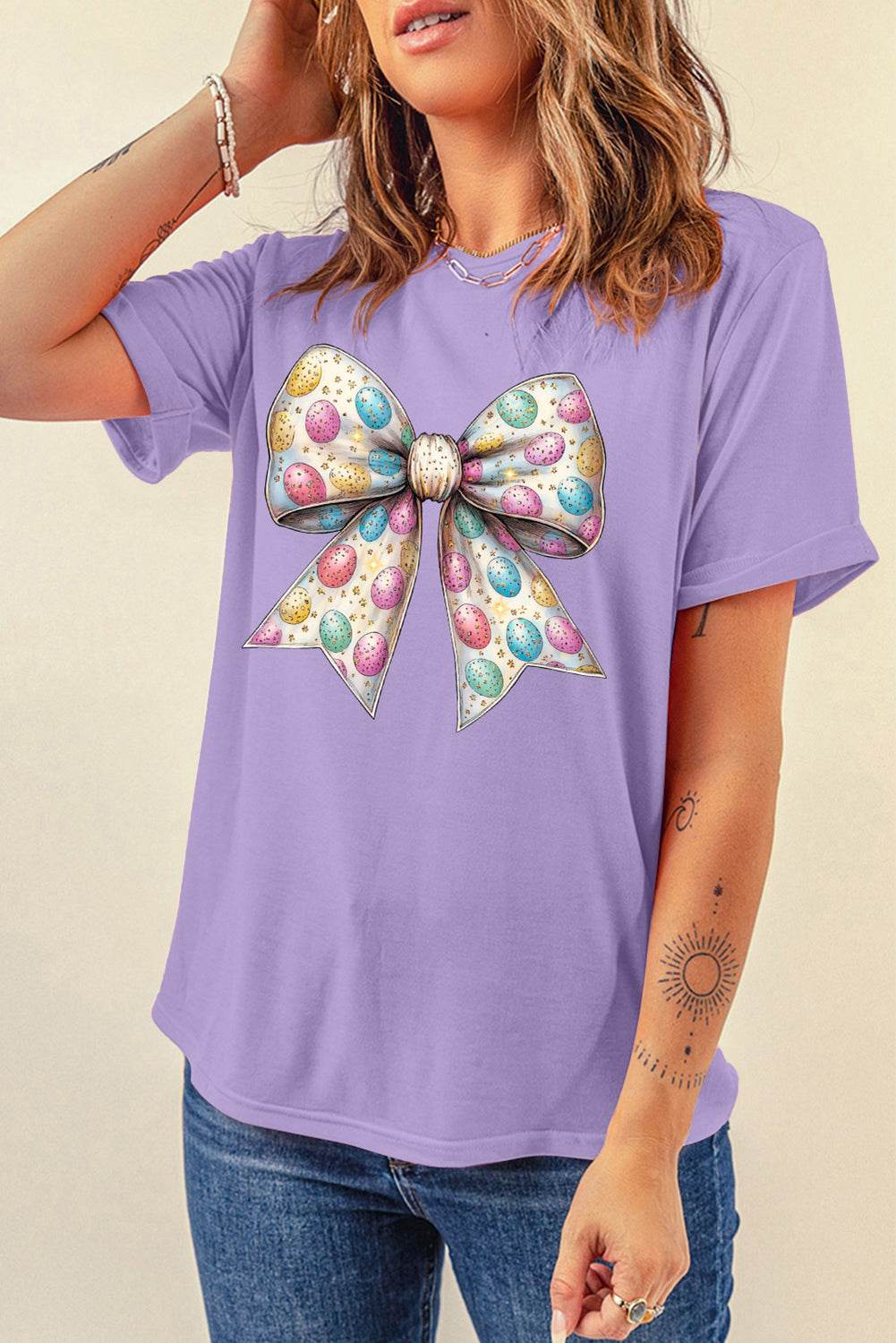 Bow Graphic Round Neck Short Sleeve T-Shirt - Selvanelle