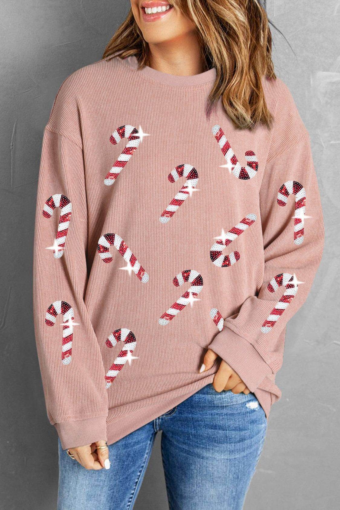 Sequin Candy Cane Round Neck Sweatshirt for Women - Selvanelle