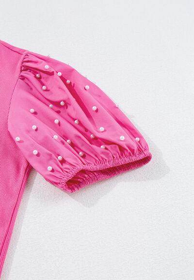 Pearl Detail Round Neck Puff Sleeve Blouse for Women - Selvanelle
